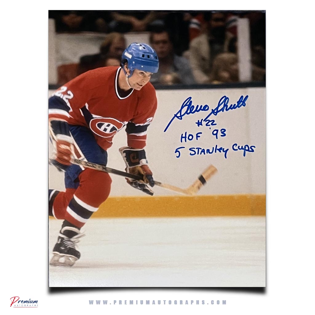 Steve Shutt Montreal Canadiens Signed 11x14 Photograph Skating w/ HOF 98 & 5, Stanley Cups Inscriptions