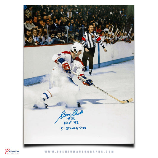 Steve Shutt Montreal Canadiens Signed 16x20 Photograph Snow Spray w/ HOF 93 & 5, Stanley Cup Inscriptions