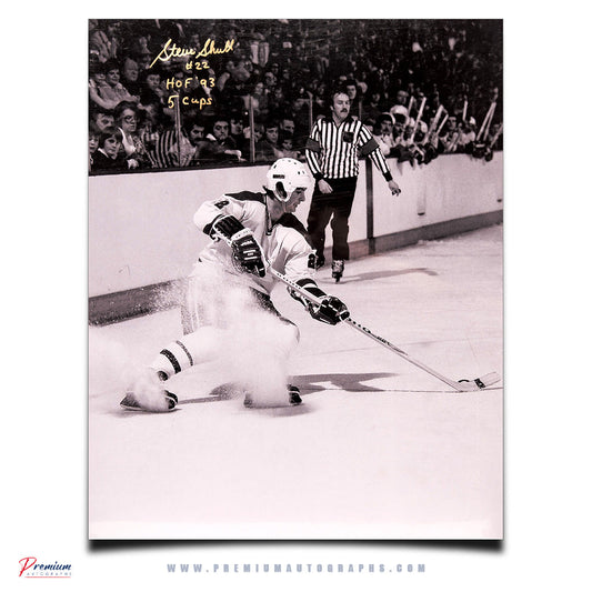 Steve Shutt Montreal Canadiens Signed 16x20 Photograph Snow Spray w/ HOF 93 & 5 Cups Inscriptions