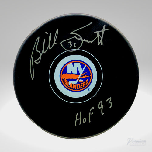 Billy Smith New York Islanders Signed Puck w/ 4 Cups & HOF 93 Inscription