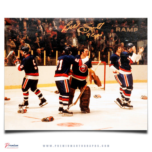 Billy Smith New York Islanders Signed 11x14 Photograph, Stanley Cup Celebration w/ 4 Cups Inscription