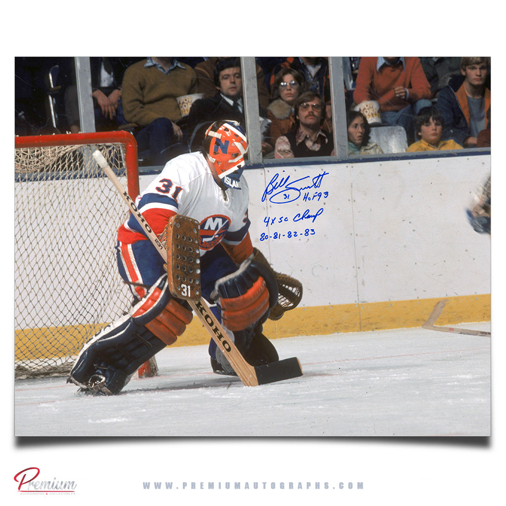 Billy Smith New York Islanders Autographed 16x20 In Position w/ 4x SC Champ 80-81-82-83 Inscription
