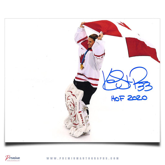 Kim St-Pierre Team Canada Signed 8x10 Photograph Flying the Flag w/ HOF 2020 Inscription