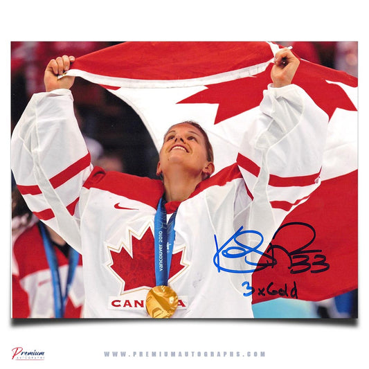 Kim St-Pierre Team Canada Signed 8x10 Photograph Flag Celebration w/ 3x Gold Inscription