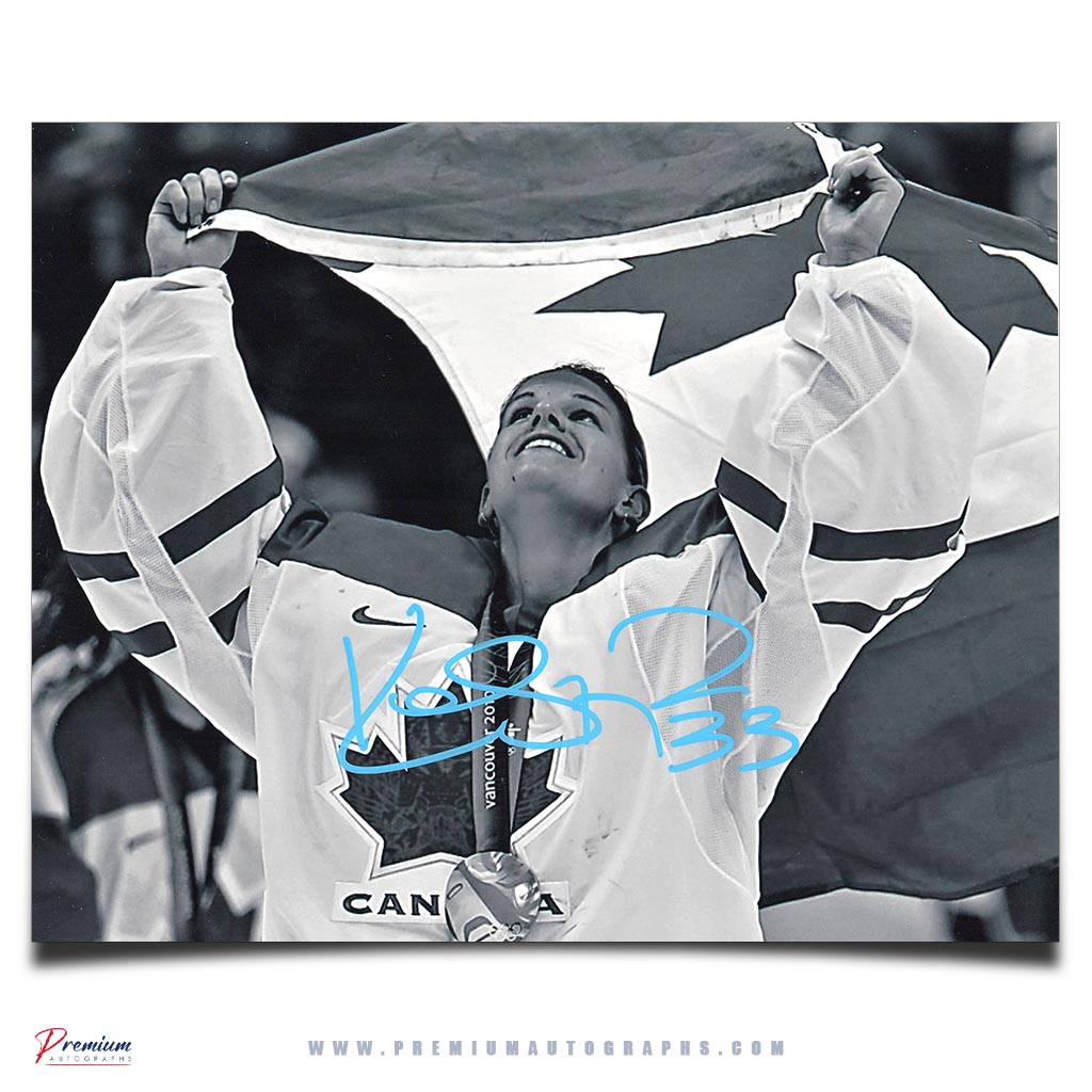 Kim St-Pierre Team Canada Signed 8x10 Photograph B/W Flag Celebration