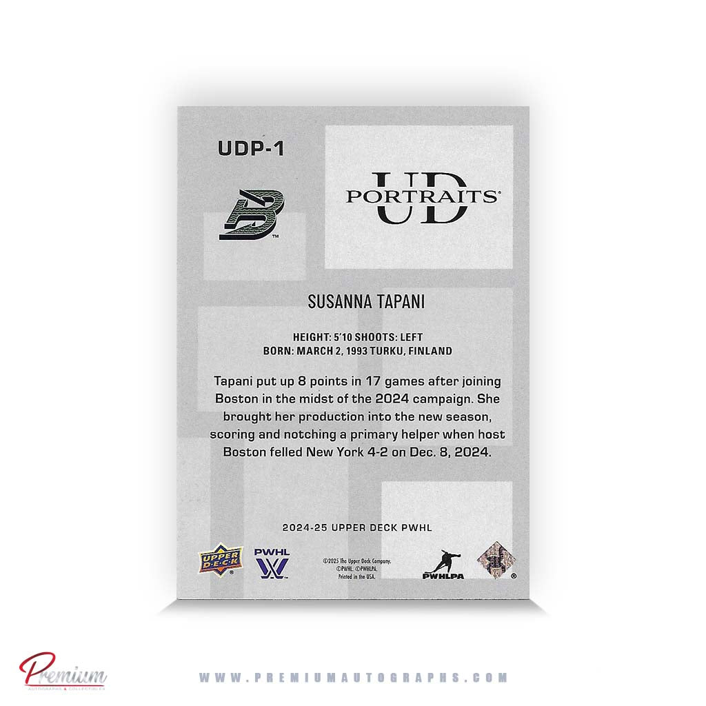 Susanna Tapani Boston Fleet Autographed 2024-25 Upper Deck PWHL Hockey Card UD Portraits #UDP-1