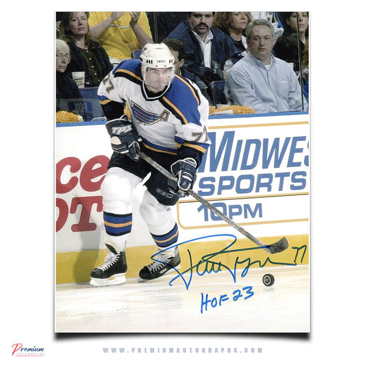 Pierre Turgeon St. Louis Blues Signed 8x10 Photograph Puck Possession w/ HOF 23 Inscription