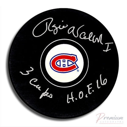 Rogie Vachon Montreal Canadiens Signed Puck w/ 3 Cups & HOF 16 Inscription