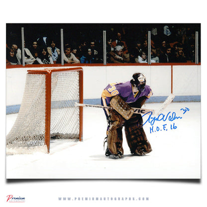 Rogie Vachon Los Angeles Kings Signed 8x10 Photograph Top of the Crease w/ HOF 16 Inscription