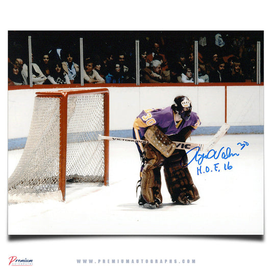 Rogie Vachon Los Angeles Kings Signed 8x10 Photograph Top of the Crease w/ HOF 16 Inscription
