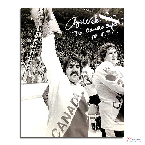 Rogie Vachon Team Canada signed 8x10 Photograph w/ 76 Canada Cup MVP Inscription