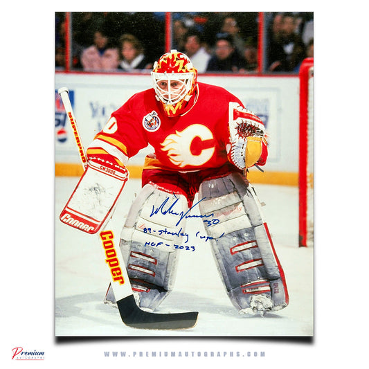 Mike Vernon Calgary Flames Signed 16x20 Photograph Stance w/ 89, Stanley Cup & HOF 2023 Inscriptions