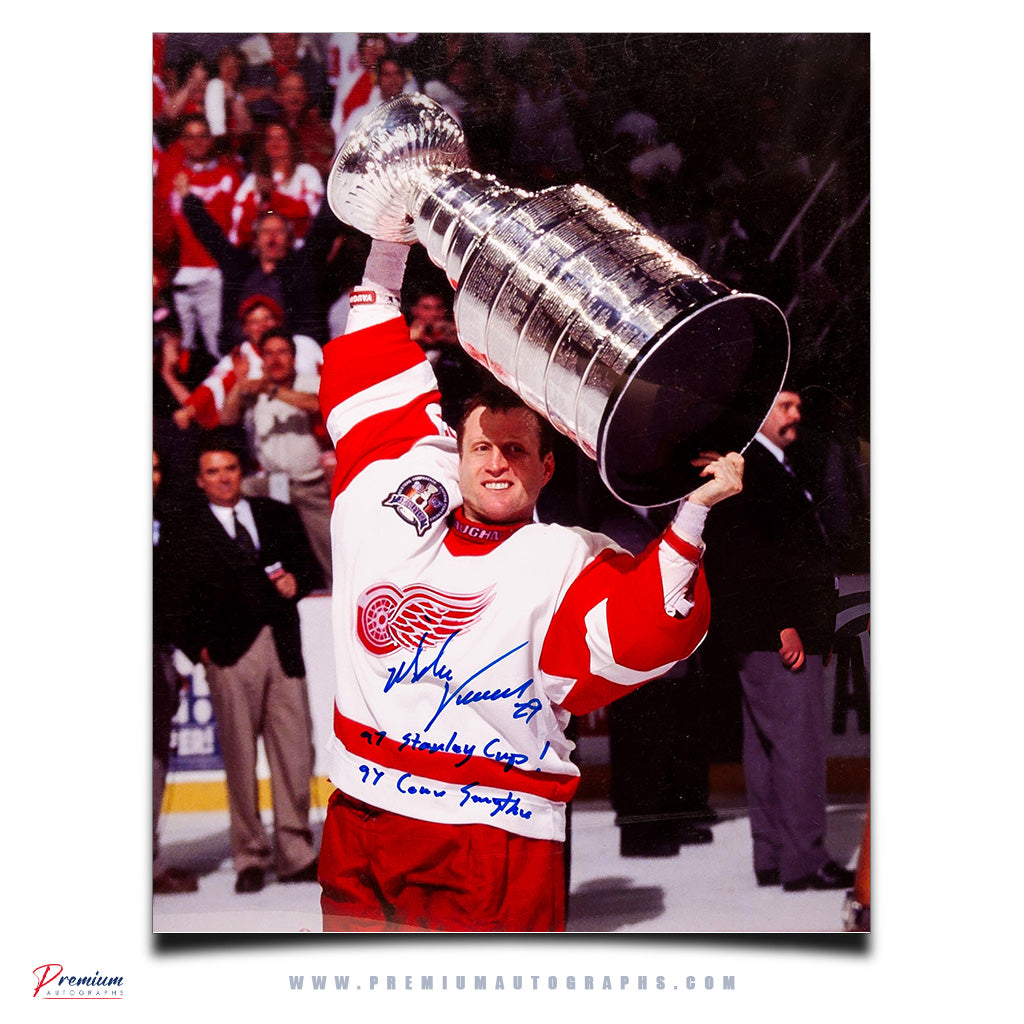 Mike Vernon Detroit Red Wings Signed 16x20 Photograph, Stanley Cup Celebration w/ 97, Stanley Cup & 97 Conn Smythe Inscriptions