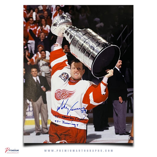 Mike Vernon Detroit Red Wings Signed 16x20 Photograph, Stanley Cup Celebration w/ 97, Stanley Cup & 97 Jennings Inscriptions