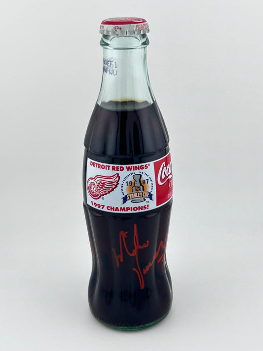 Mike Vernon Detroit Red Wings Autographed 1997 Stanley Cup Champion Coca-Cola 8oz Glass Bottle (unopened) in red paint pen