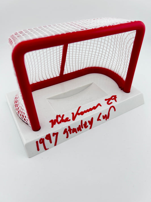 Mike Vernon Autographed Calgary Flames Mini Net Puck Display w/ 1997 Stanley Cup