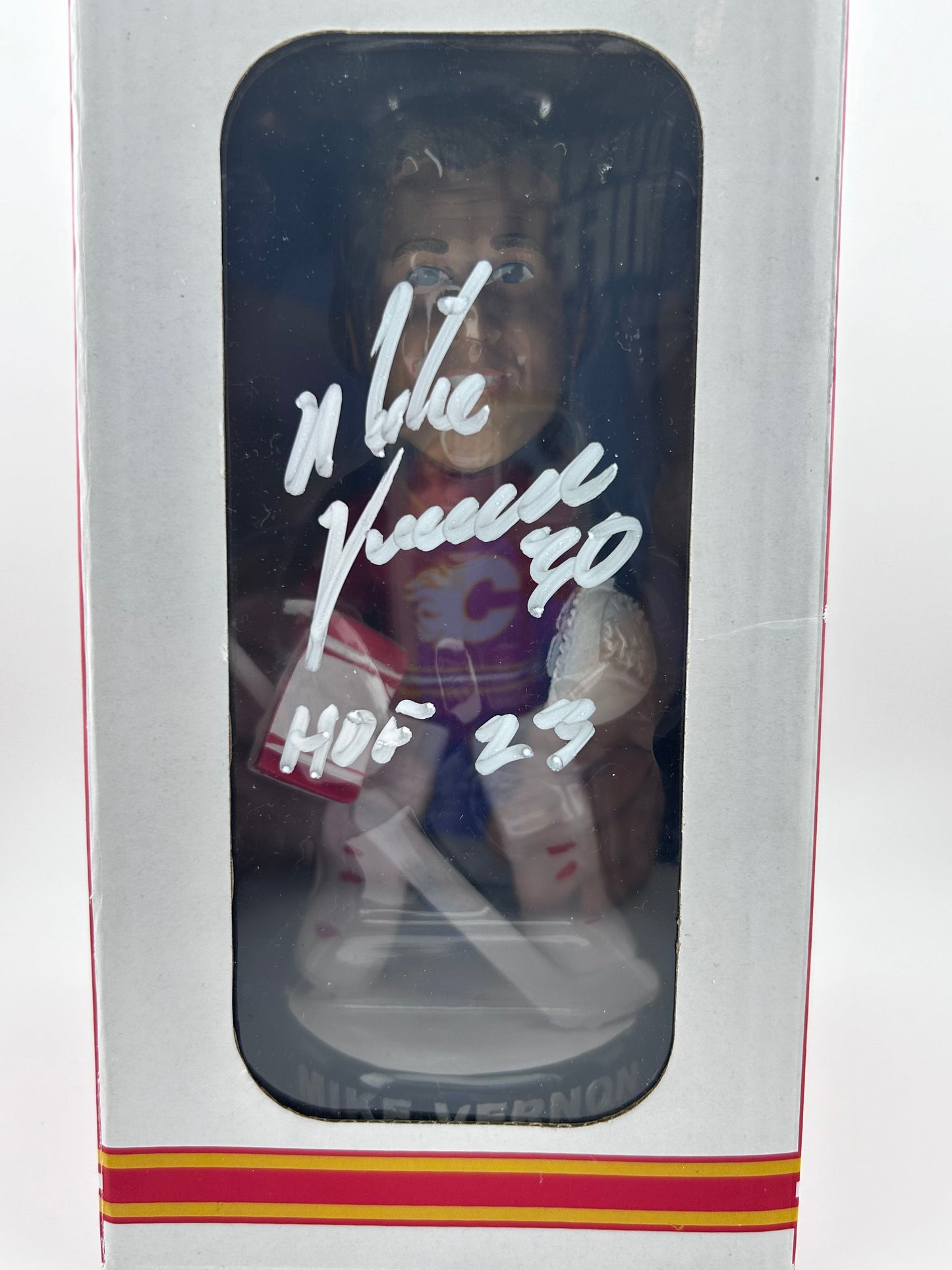 Mike Vernon Autographed 40th Anniversary Calgary Flame Bobblehead (on package) w/ HOF 23