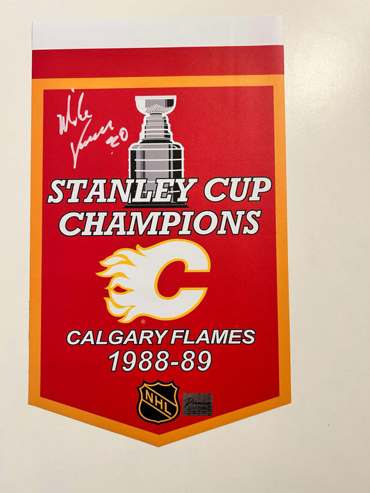 Mike Vernon Calgary Flames Stanley Cup Champions 1988-89 Autographed Banner white paint pen