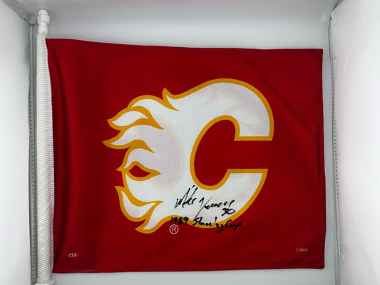 Mike Vernon Calgary Flames Autograph Mini Car Flag Stanley Cup w/ 1989 Stanley Cup Inscription