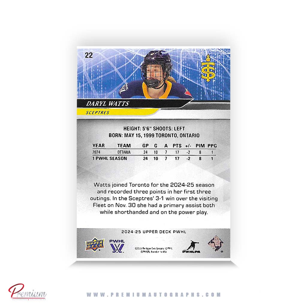Daryl Watts Toronto Spectres Autographeddd 2024-25 Upper Deck PWHL Hockey Card #22 Ltd /29 Nicknames edn. w/ ''D'' Inscription