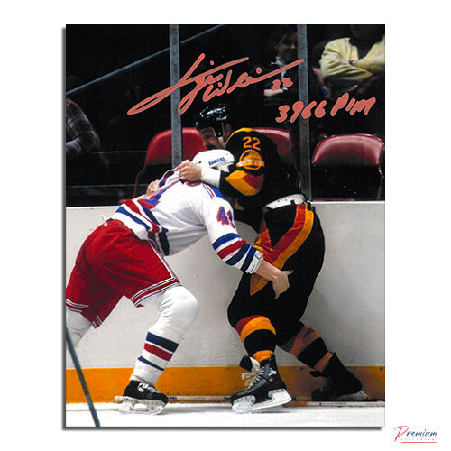 Tiger Williams Vancouver Canucks Signed 8x10 Photograph Vs. Rangers w/ 3966 PIM Inscription