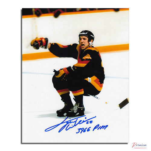 Tiger Williams Vancouver Canucks Signed 8x10 Photograph Goal Celebration Riding the Stick w/ 3966 PIM Inscription