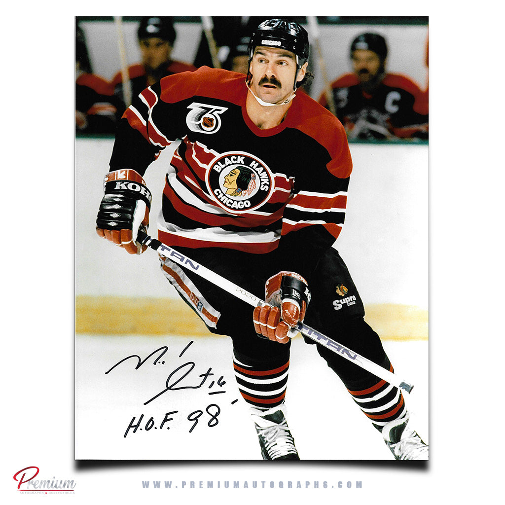 Michel Goulet Chicago Blackhawks Autographed 8x10 Photograph 75 Year NHL Anniversary Patch w/ HOF 98 Inscription