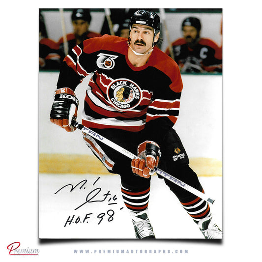 Michel Goulet Chicago Blackhawks Autographed 8x10 Photograph 75 Year NHL Anniversary Patch w/ HOF 98 Inscription