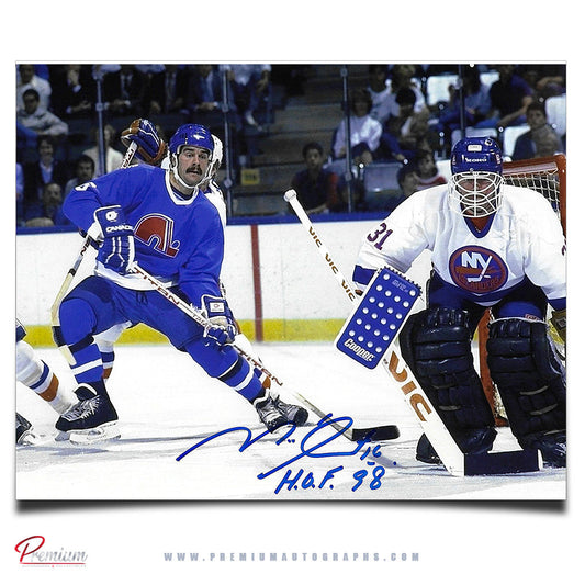 Michel Goulet Quebec Nordiques Autographed 8x10 Photograph Infron of the Net w/ HOF 98 Insctiption