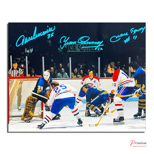 Yvan Cournoyer, Jacques Lemaire & Marc Tardif Montreal Canadiens Signed 8x10 Photograph Wild Action