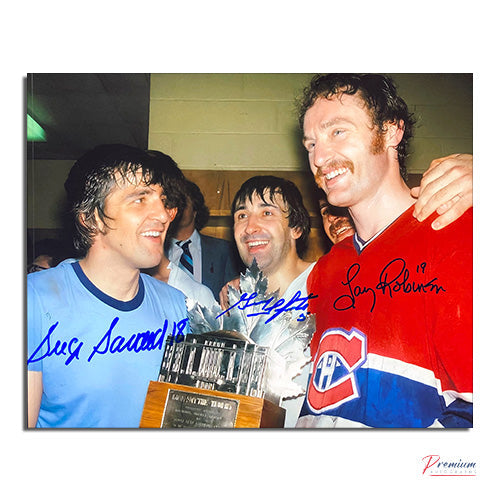 Serge Savard, Guy Lapinte & Larry Robinson Montreal Canadiens Signed 8x10 Big 3 Stanley Cup Locker Room Celebration