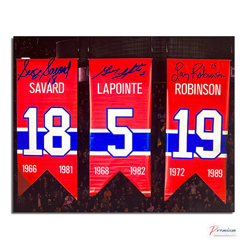 Serge Savard, Guy Lapinte & Larry Robinson Montreal Canadiens Signed 8x10 Big 3 Jersey Retirement Banners