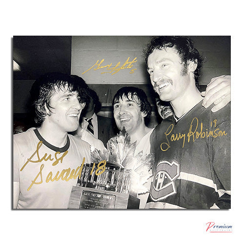 Serge Savard, Guy Lapinte & Larry Robinson Montreal Canadiens Signed 8x10 Big 3 Stanley Cup Locker Room Celebration B&W