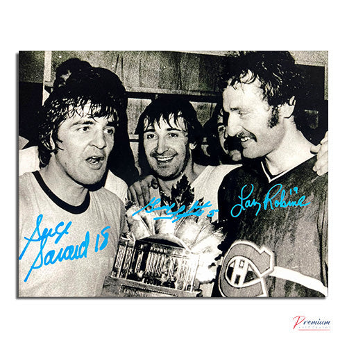 Serge Savard, Guy Lapinte & Larry Robinson Montreal Canadiens Signed 8x10 Big 3 Stanley Cup Locker with Conn Smythe Trophy